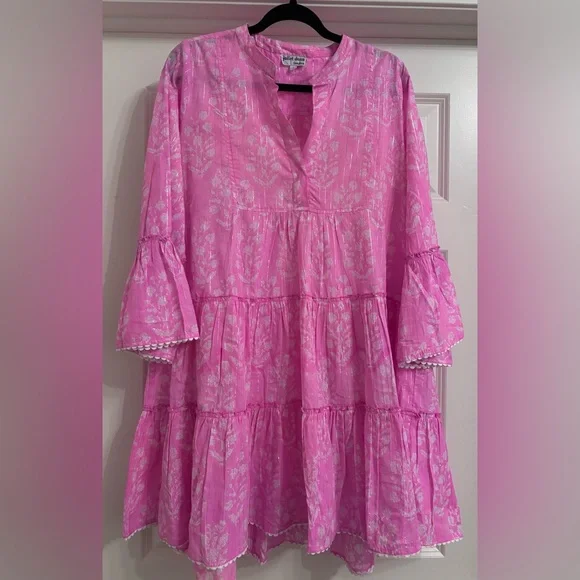 Juliet Dunn Orchid Small Flower Lurex Flared Sleeve Dress